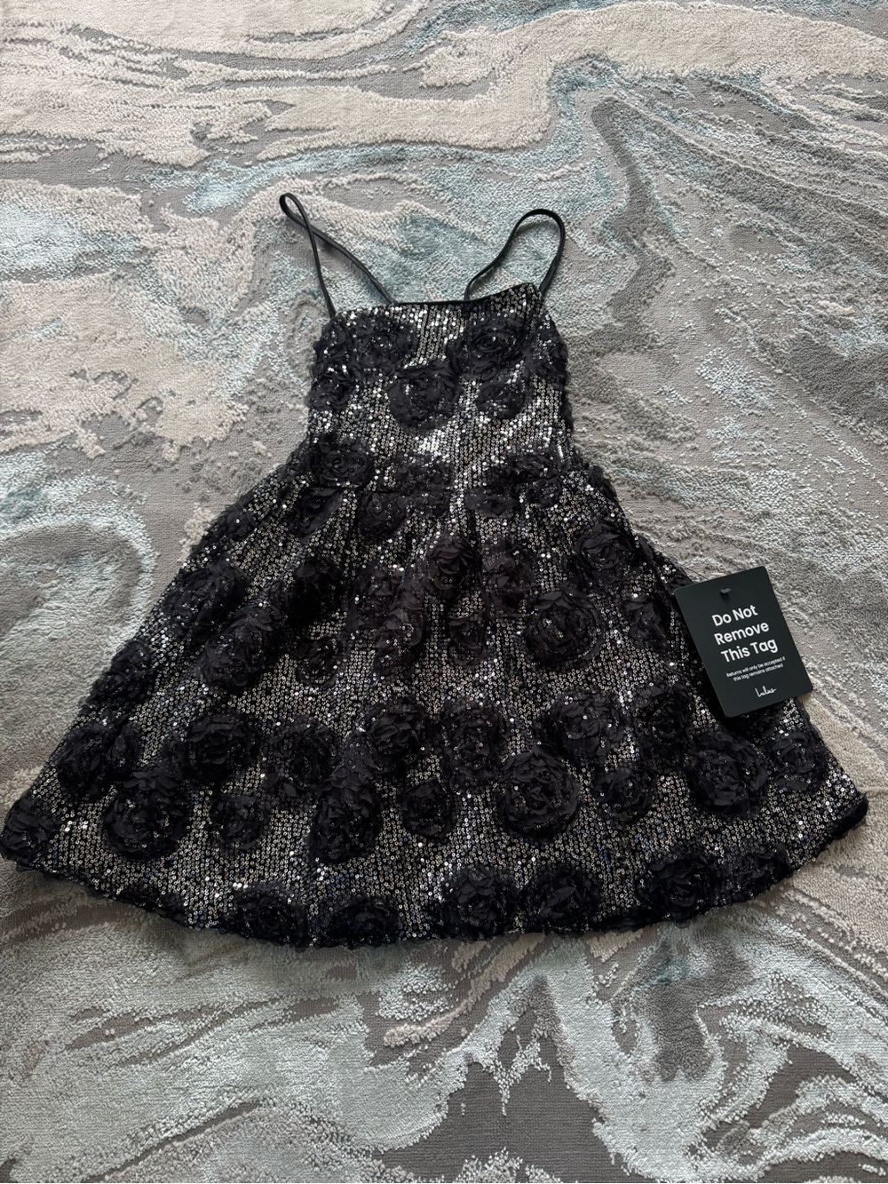 Lulu's Black Sequin Floral Appliqué Party Dress